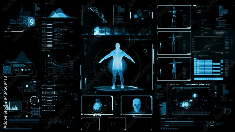 Poster blue abstract medical user interface. futuristic health infographics and technology hud elements in 