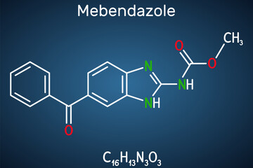 Mebendazole, MBZ molecule. It is synthetic benzimidazole derivate and anthelmintic drug. Structural chemical formula on the dark blue background