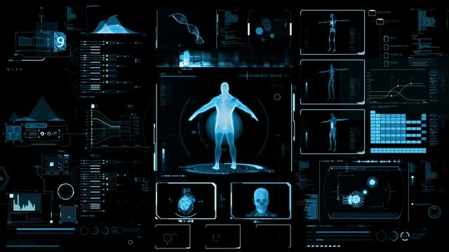 Blue abstract medical user interface. Futuristic health infographics and technology HUD elements in motion. 3D rendering.