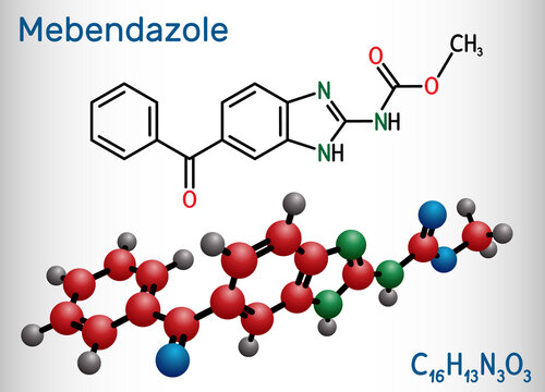 Mebendazole, MBZ molecule. It is synthetic benzimidazole derivate and anthelmintic drug. Structural chemical formula and molecule model
