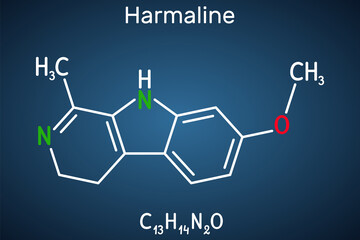 Harmaline molecule. It is fluorescent indole alkaloid. Structural chemical formula on the dark blue background