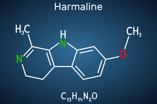 Harmaline molecule. It is fluorescent indole alkaloid. Structural chemical formula on the dark blue background