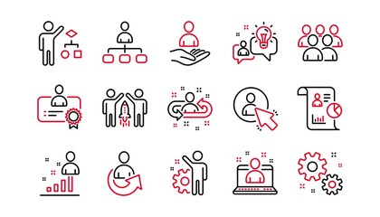 Management line icons. Business people, Algorithm and Group. Startup strategy linear icon set. Linear set. Quality line set. Vector