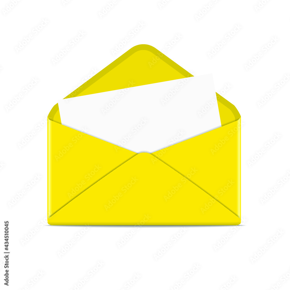 Poster yellow open envelope with paper isolated on white background. 3d rendering
