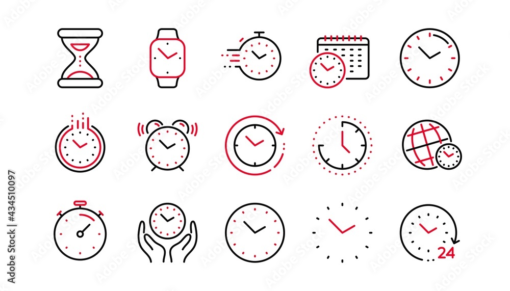 Poster time and clock line icons. timer, alarm and smartwatch. time management, 24 hour clock, deadline ala
