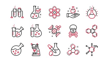 Chemistry lab line icons. Chemical formula, Microscope and Medical analysis. Laboratory test flask, reaction tube, chemistry lab icons. Linear set. Linear set. Quality line set. Vector
