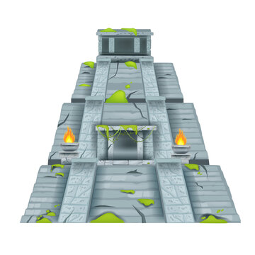 recommend clip art: Maya pyramid, vector Aztec stone temple, ancient jungle ruin illustration isolated on white, moss, fire. Travel Mexico landmark clipart, archeological old civilization monument. Maya pyramid structure