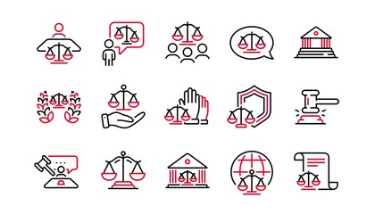 Court line icons set. Judge, Scales of Justice and Lawyer. Hammer, Law and Petition document set icons. Judgment, justice, court injunction. Gavel judge hammer, rulings, presiding officer. Vector