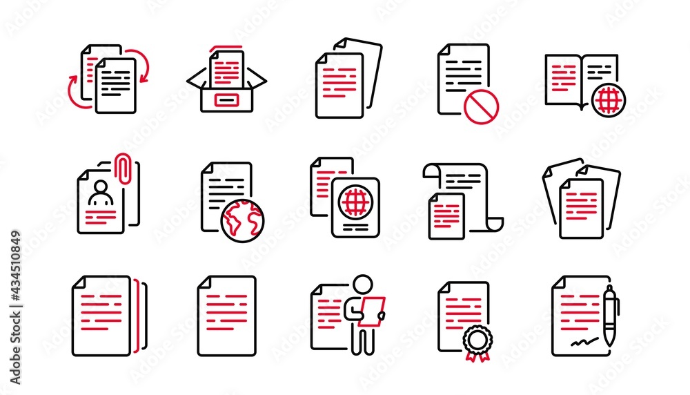 Poster documents line icons set. contract agreement, passport, copy files. cv interview, documents workflow