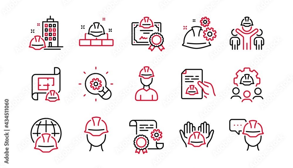 Poster engineering line icons set. teamwork, technical documentation and peopl. blueprint with gear, engine