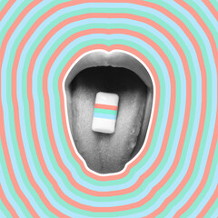 Modern design, contemporary art collage. Inspiration, idea, trendy urban magazine style. Female lips with candy, gum on lined background.