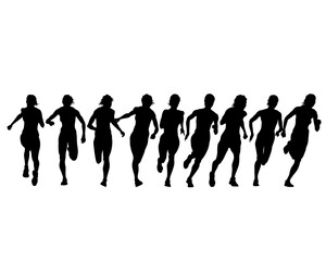 Young athletes run a marathon. Isolated silhouettes on white background