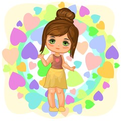 Cute little girl in a skirt. Cheerful funny child in a good mood. The isolated object on a white background. Young baby. Cartoon flat style. Vector
