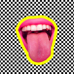 Modern design, contemporary art collage. Inspiration, idea, trendy urban magazine style. Female mouth with sticked out tongue on bw background.