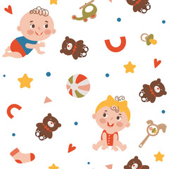 Vector seamless pattern with babies, toys, pacifier, rattle on a white background.