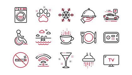 Hotel service line icons. Wi-Fi, Air conditioning and Washing machine. Pets, swimming pool and hotel parking icons. Linear set. Linear set. Quality line set. Vector