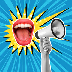Modern design, contemporary art collage. Inspiration, idea, trendy urban magazine style. Female mouth shouting with megaphone on background.