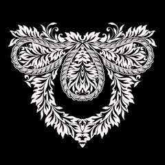 Neckline ethnic design. Ornamental black and white pendant. Vector print with decorative elements and beads for embroidery, for women's clothing.