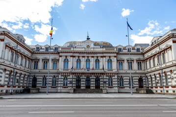 Bacau, Romania-May 2, 2021: Impressive building, historical monument, Administrative Palace in...