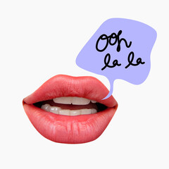 Modern design, contemporary art collage. Inspiration, idea, trendy urban magazine style. Female lips with speech bubble on background.