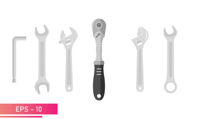 A set of spanners. Ratchet wrench, hexagon wrench, adjustable wrench, ordinary wrench. Realistic design. On a white background. Devices for the computer. Flat vector illustration.