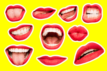 Modern design, contemporary art collage. Inspiration, idea, trendy urban magazine style. Female lips with different emotions on yellow background.