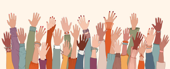 Fototapeta premium Group of diverse people with raised arms and hands.Work team.Support and assistance.People diversity. Multicultural and multiethnic community.Racial equality.Collaboration. Communication