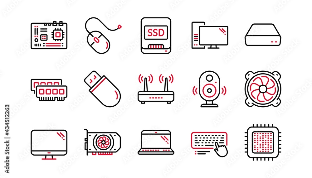 Poster computer device line icons. motherboard, cpu and laptop. ssd memory linear icon set. linear set. qua
