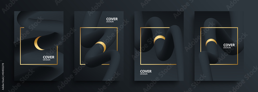Poster 3d flow abstract shapes cover design set. dynamic liquid black wave with golden frame and ring backg