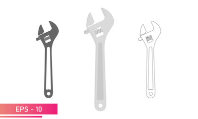 Set of sliding wrenches in the opened state, icon. Adjustable wrench. Isolated on a white background. Flat vector illustration.