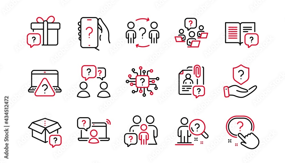 Poster questions line icons. problem solve, artificial intelligence computer, phone with question mark. qui