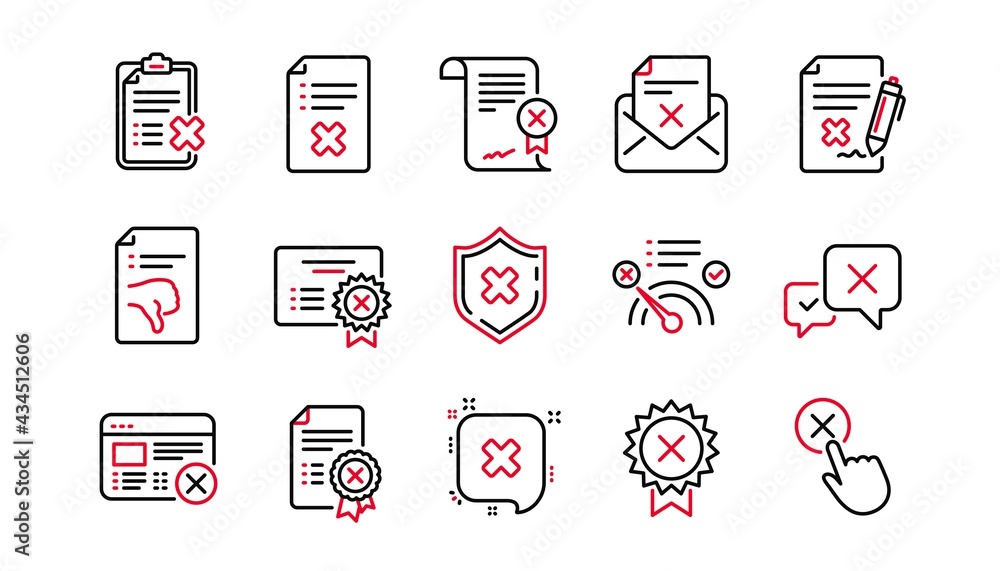 Poster reject line icons. decline, cancel and dislike. disapprove linear icon set. linear set. quality line