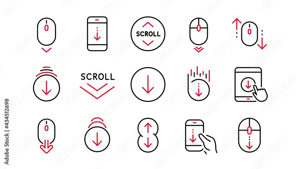 Poster scroll down line icons. scrolling mouse, landing page swipe signs. mobile device technology icons. w