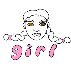 The face of a girl with two braids. Vector contour illustration in the style of doodle drawn by hand. Different and beautiful