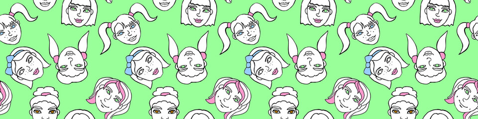 Seamless pattern with cartoon faces vector people. Hand drawn doodle illustration. Heads of women, girls. Multicolor texture backdrop