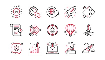 Startup line icons. Launch Project, Business report and Target. Strategy linear icon set. Linear set. Quality line set. Vector