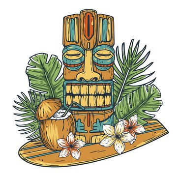 Surfing Hawaii Cocktail And Tiki Mask On Surf Bord For T-shirt Print. Tropical Surfbord And Drink Coconut For Tiki Bar Or Beach Bar