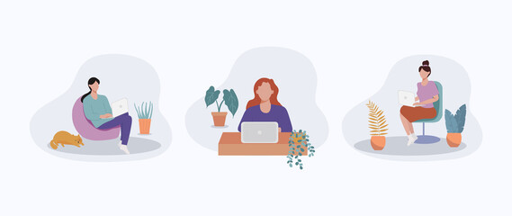 Working from home. People working at home. Coworking space,Young people freelancers working with laptop at home, Online job and home office concept, Social marketing with concept vector illustration. 