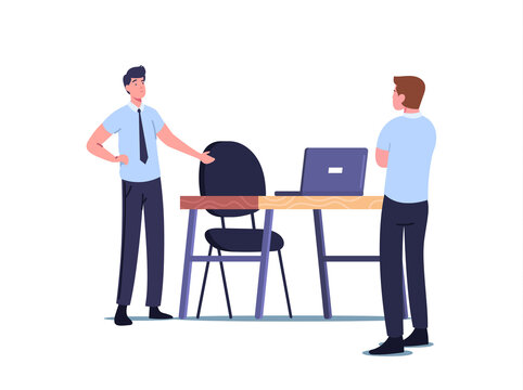 Absence Work Management, Sick Leave or Vacation Absence Concept. Company Boss Character Stand at Empty Office Desk