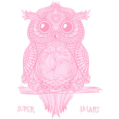 Owl. Design Zentangle. Hand drawn owl with abstract patterns on isolation background. Design for spiritual relaxation for adults. Print for textiles, fabrics, polygraphy, posters, textiles. Zen art