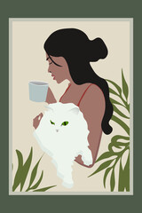 Drawn vector girl with a white fluffy cat in her arms and a cup of coffee. A young girl with long dark hair in profile against a background of tropical leaves. Abstract design in boho style.