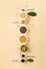 Healthy food ingredients, seeds superfood concept. Top view, copy space.