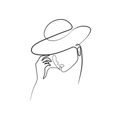Girl with hat silhouette, print for clothes, t-shirt, emblem or logo design, continuous line drawing, small tattoo, isolated vector illustration.
