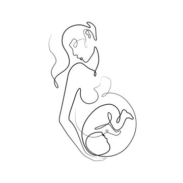 Pregnant Woman Abstract Silhouette, Pregnancy, Continuous Line Drawing, Print For Clothes And Logo Design, Emblem Or Logo Design, Isolated Vector Illustration.