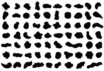 Random shapes. Irregularly shaped organic black droplets. Abstract stains, ink blots and pebble silhouettes, vector simple liquid amorphous stains set.