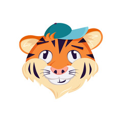 Cute tiger character, face with pensive, thoughtful emotions. Wild animals of africa, funny or smile cartoon muzzle in a cap