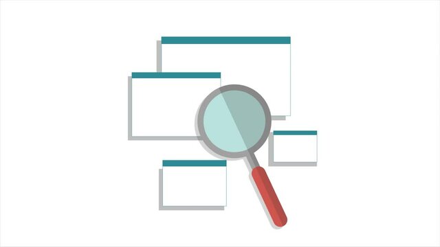 Search engine amount web pages. Animation with magnifying glass