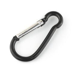 Black carabiner isolated on white background, climbing metal equipment photo