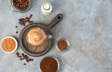 Dalgona coffee is a Korean drink with whipped coffee foam, milk and the addition of ice as desired.