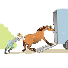 Young woman trying to load a horse on trailer